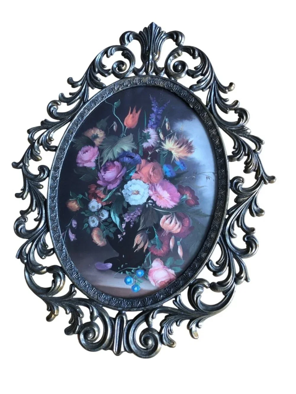 Vintage Italian Floral Wall Art Set With Ornate Frames - Oval Shaped - Made In I